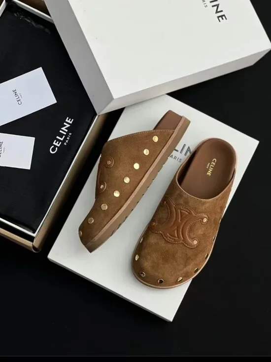 CELINE Brown Suede Studs Slide Mules - Picture 6 of 8